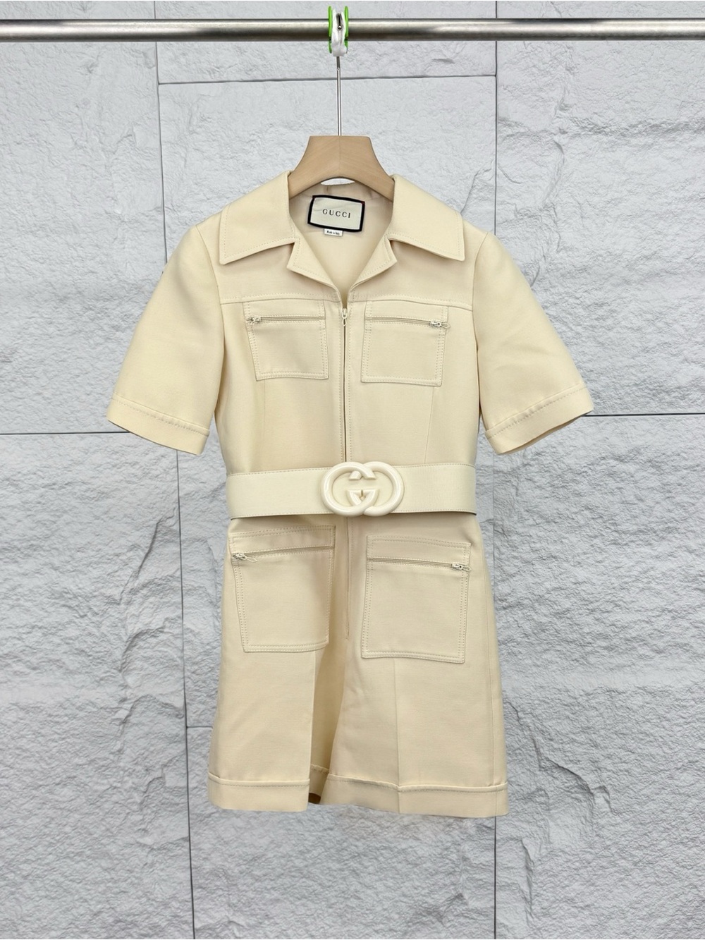 Gucci Cream Short-Sleeve Belted Romper